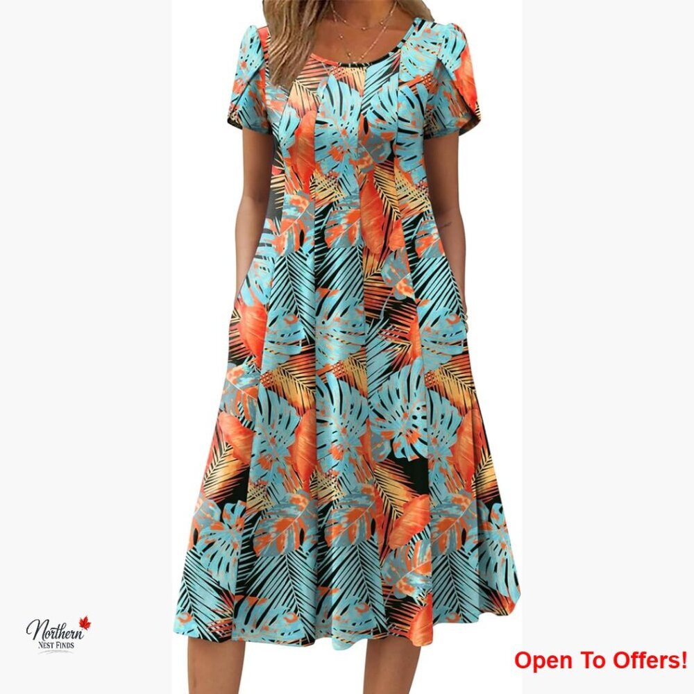 Short Sleeve A-Line Midi Dress with Pockets, Polyester Spandex